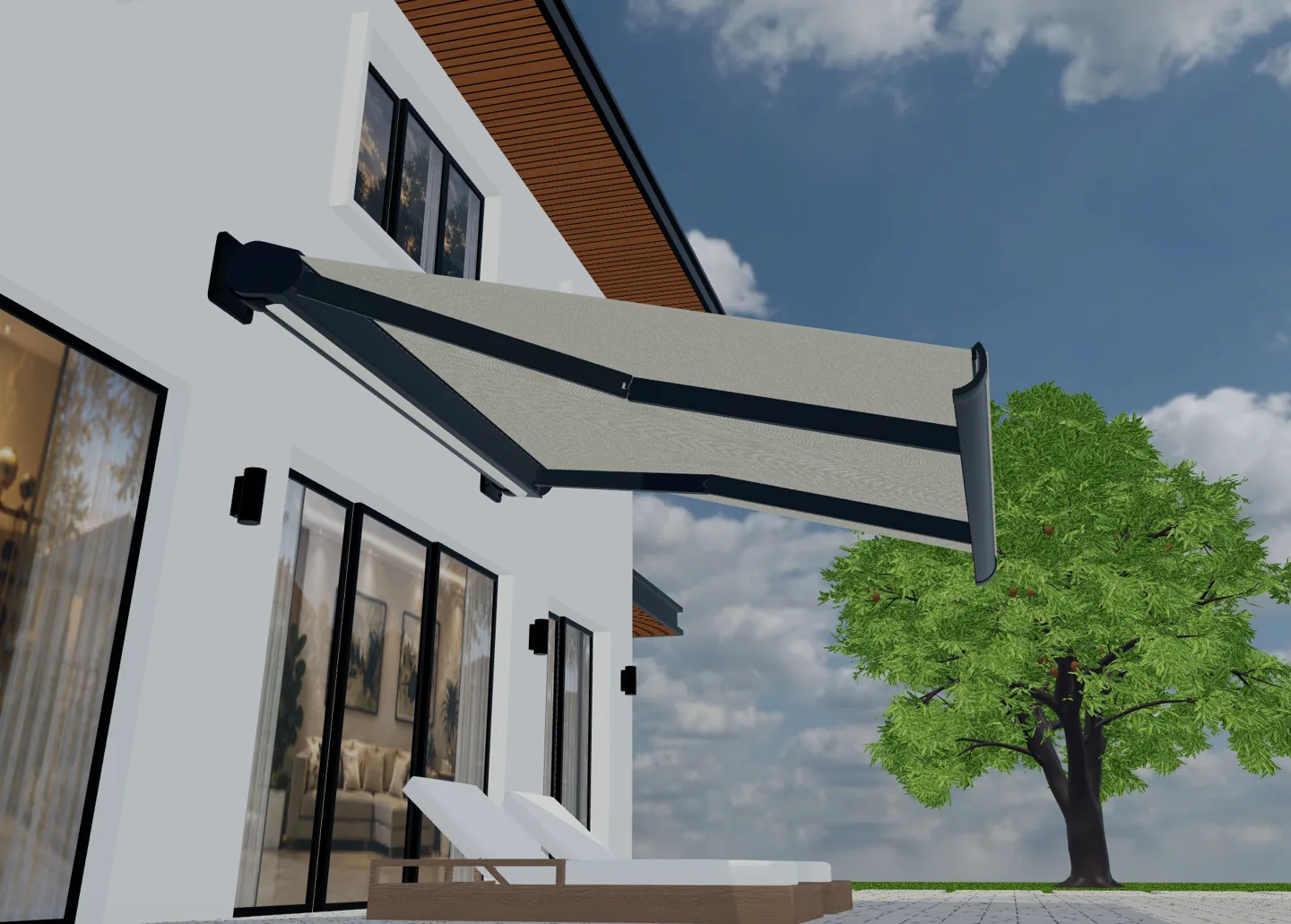 Ausgefahrene Markise mit cremefarbenem Tuch und dunklen Gelenkarmen in einer 3D-Terrassenszene.