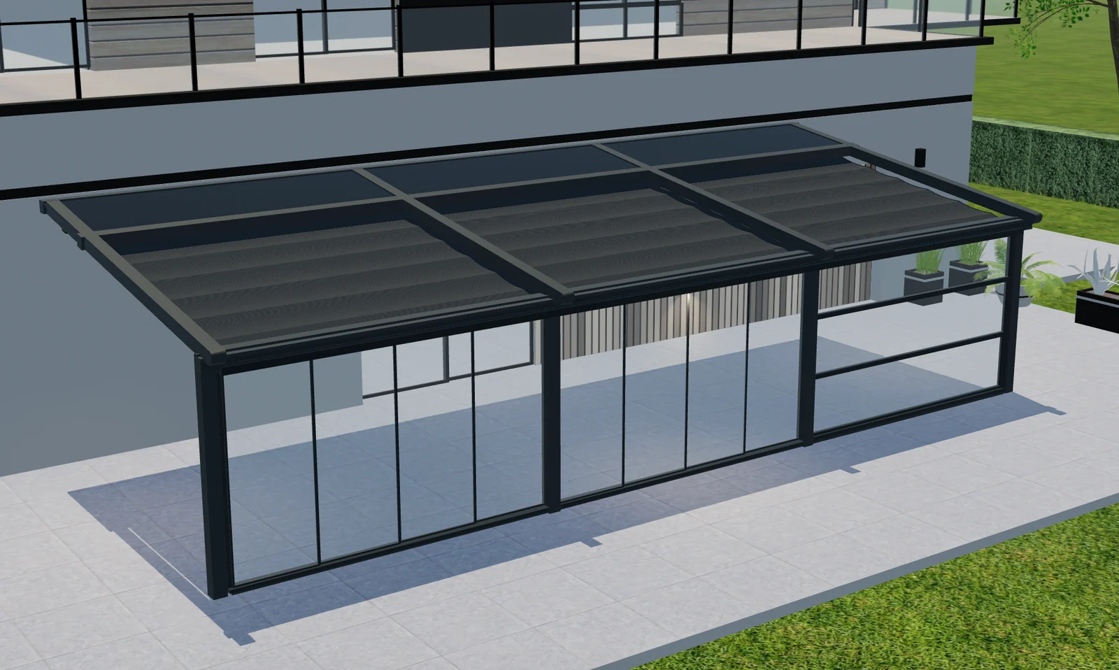 Erhöhte 3D-Vorschau einer Pergola mit dunklem Rahmen, Dachpaneelen und verglaster Vorderseite.