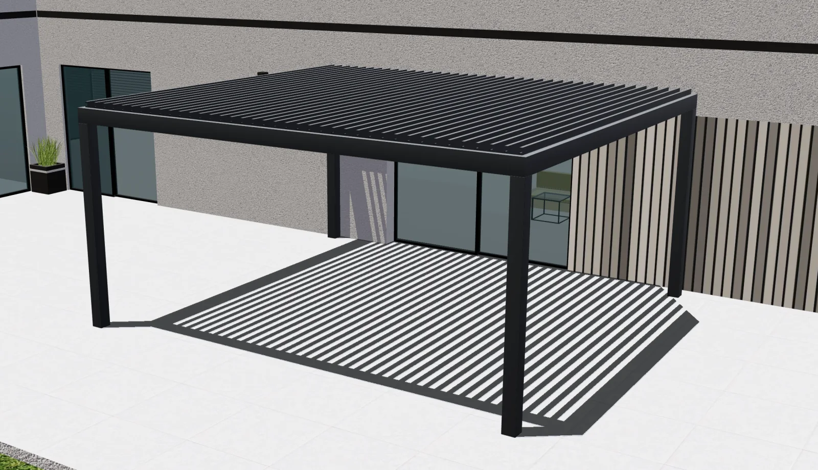 Configurix 3D bioclimatic pergola configurator showing an anthracite freestanding pergola with open aluminium louvres