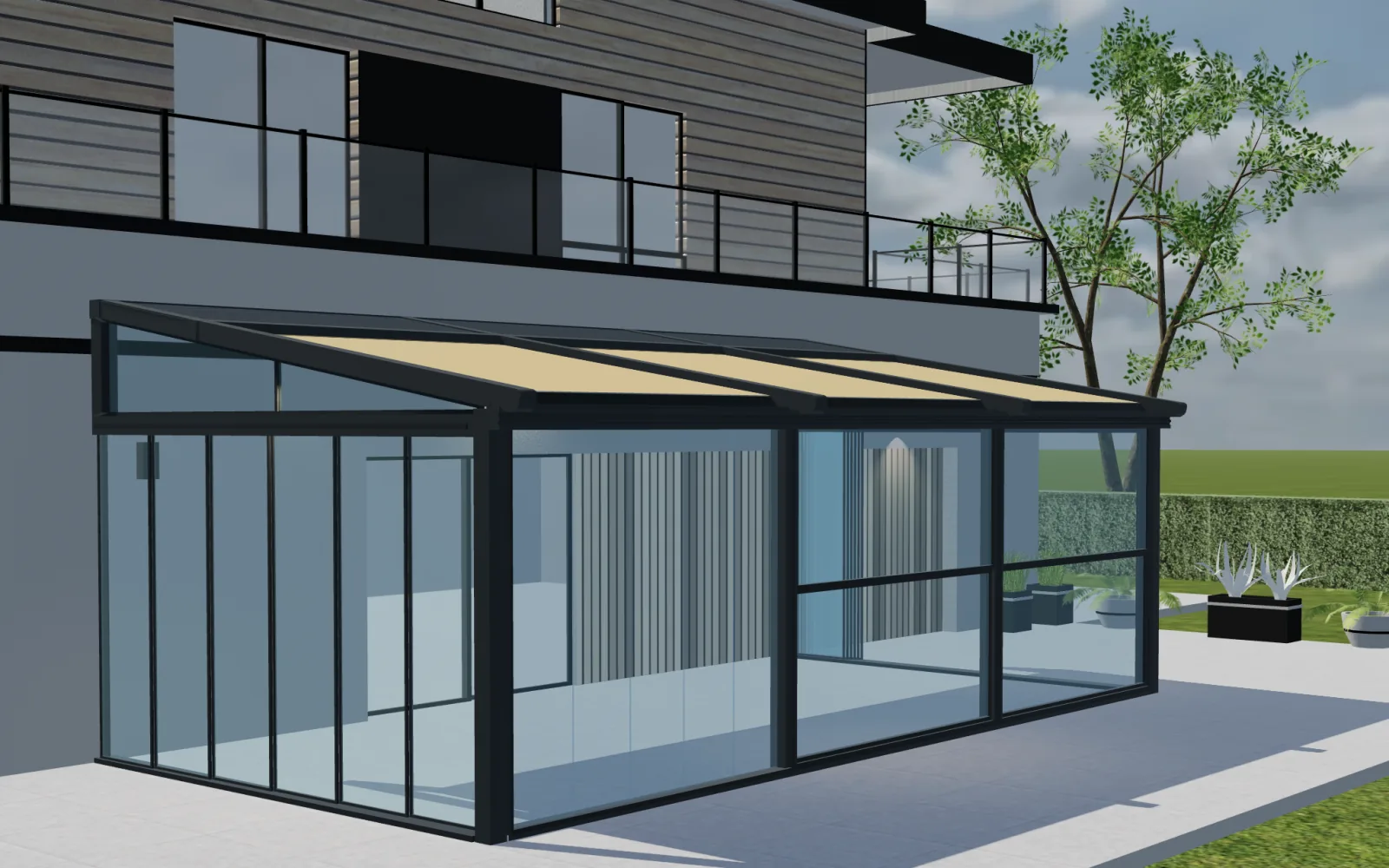 Configurix 3D-Pergola-Konfigurator mit einer wandmontierten Glaspergola und teilweise ausgefahrenem Stoffdach